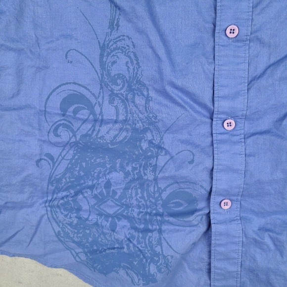 G By GUESS Shirt‎ Men's Large Blue Short Sleeve Button Down Tattoo Art - Picture 5 of 12